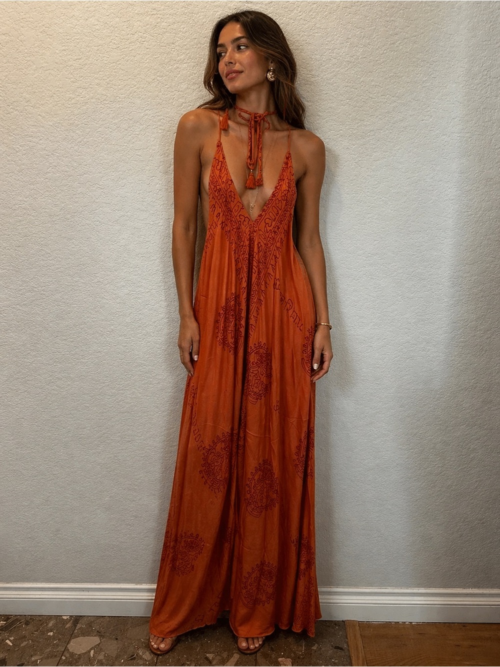 Bohemian Deep-V Rust Orange Maxi Dress with Tassel Neck Tie